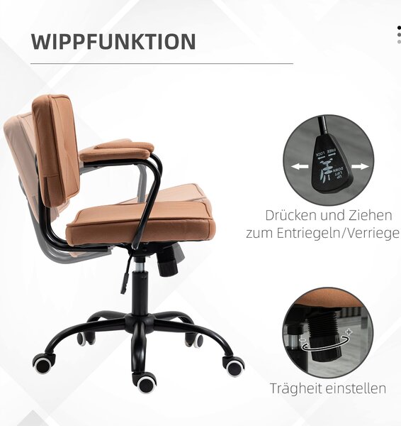 Vinsetto kancelářská židle s kolečky, otáčecí pracovní židle, výškově nastavitelná, s funkcí houpání, rotace o 360 stupňů, sklopná, pěnová hnědá, 61 x
