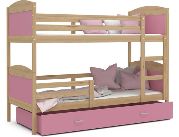 Dětská patrová postel se šuplíkem MATTEO - 160x80 cm - růžová/borovice
