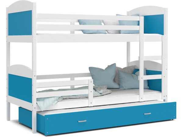 BabyBeds Dětská patrová postel s přistýlkou MATYÁŠ bílá Velikost postele: 200x90 cm, Barva šuplíku: Modrá