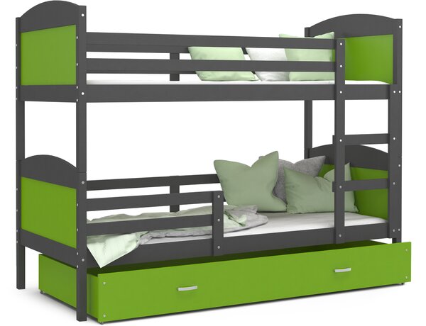 Dětská patrová postel se šuplíkem MATTEO - 160x80 cm - zeleno-šedá