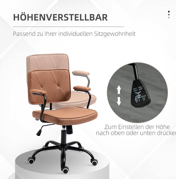 Vinsetto kancelářská židle s kolečky, otáčecí pracovní židle, výškově nastavitelná, s funkcí houpání, rotace o 360 stupňů, sklopná, pěnová hnědá, 61 x