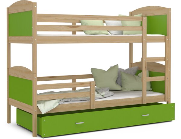 Dětská patrová postel se šuplíkem MATTEO - 160x80 cm - zelená/borovice