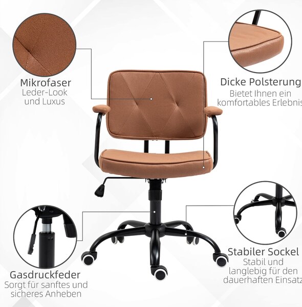 Vinsetto kancelářská židle s kolečky, otáčecí pracovní židle, výškově nastavitelná, s funkcí houpání, rotace o 360 stupňů, sklopná, pěnová hnědá, 61 x