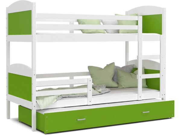 BabyBeds Dětská patrová postel s přistýlkou MATYÁŠ bílá Velikost postele: 190x80 cm, Barva šuplíku: Zelená