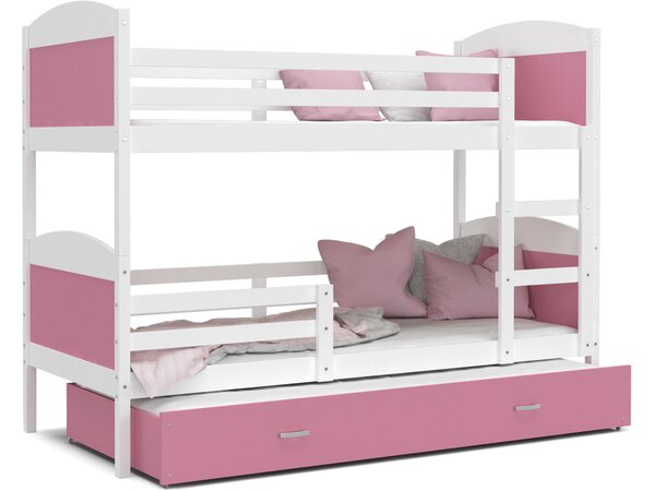 BabyBeds Dětská patrová postel s přistýlkou MATYÁŠ bílá Velikost postele: 190x80 cm, Barva šuplíku: Růžová