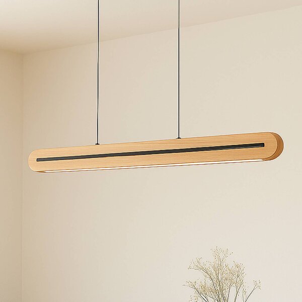Lucande LED závěsné světlo Darnor, dřevo, délka 100 cm, stmívatelný, Světlé dřevo, Obývací pokoj / jídelna, Dřevo, Moderní