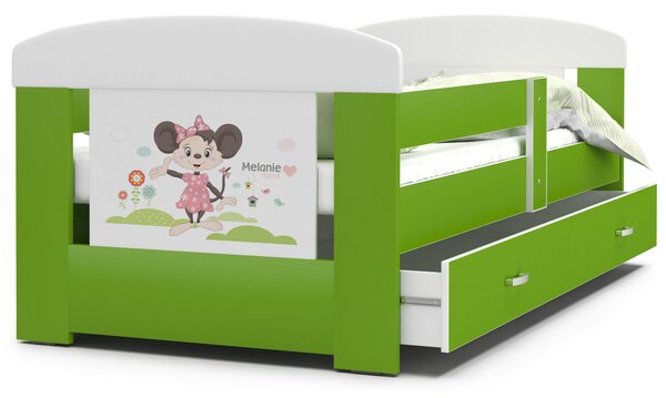 Dětská postel se šuplíkem PHILIP - 180x80 cm - zelená/myška