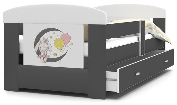Dětská postel se šuplíkem PHILIP - 160x80 cm - šedá/králíček