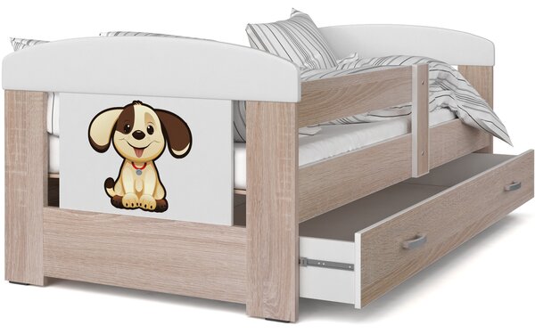 Dětská postel se šuplíkem PHILIP - 140x80 cm - sonoma/pejsek