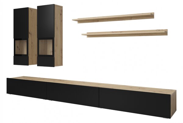Obývací stěna Baros 270 cm - dub artisan / černý mat