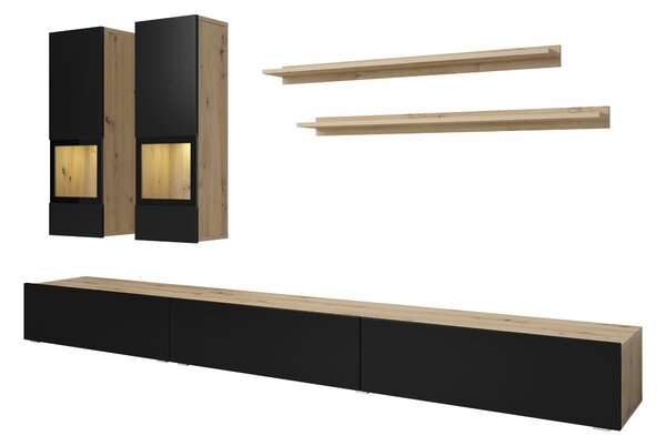 Obývací stěna Baros 270 cm - dub artisan / černý mat