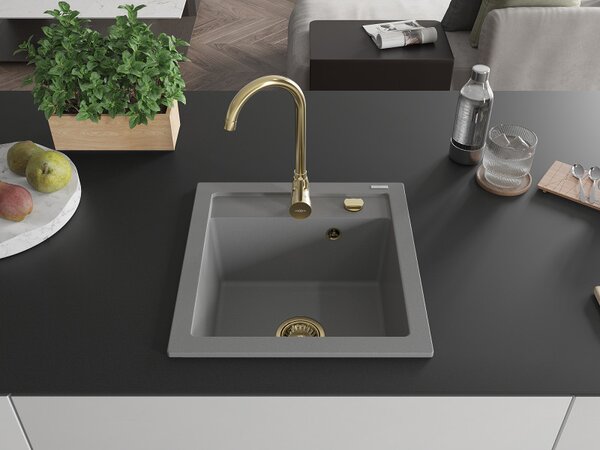 Mexen Vito, granitový dřez 520x490x210 mm, 1-komorový, šedá se zlatým sifonem, 6503521000-71-G