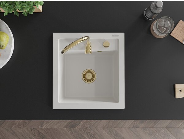 Mexen Vito, granitový dřez 520x490x210 mm, 1-komorový, bílá se zlatým sifonem, 6503521000-20-G