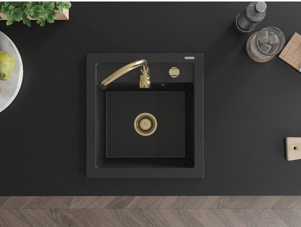 Mexen Vito, granitový dřez 520x490x210 mm, 1-komorový, černá-stříbrná metalíza se zlatým sifonem, 6503521000-73-G