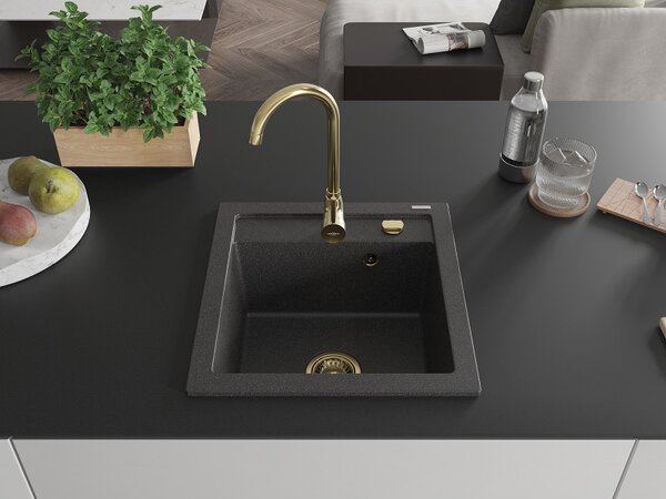 Mexen Vito, granitový dřez 520x490x210 mm, 1-komorový, černá skvrnitá se zlatým sifonem, 6503521000-76-G