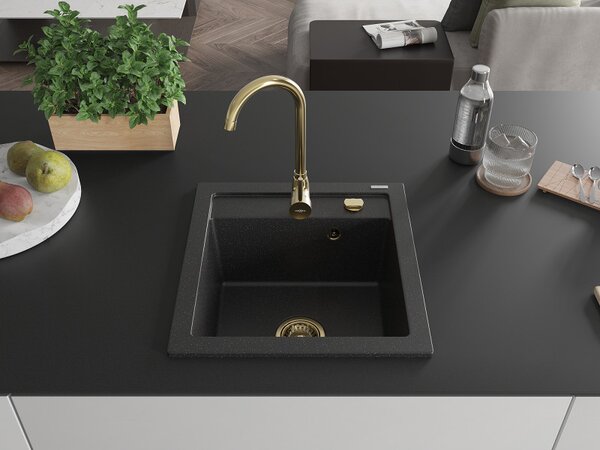 Mexen Vito, granitový dřez 520x490x210 mm, 1-komorový, černá-stříbrná metalíza se zlatým sifonem, 6503521000-73-G