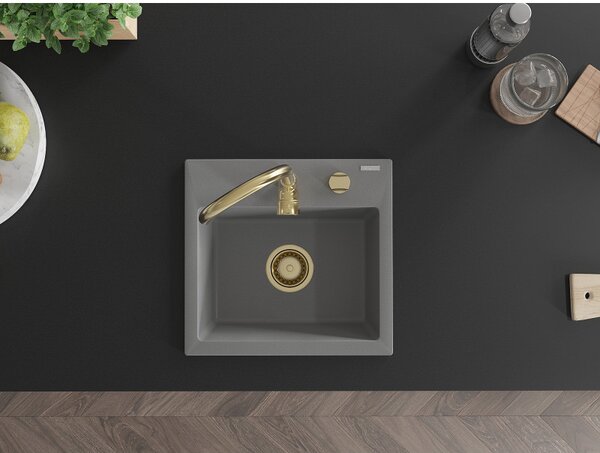 Mexen Milo, granitový dřez 435x410x171 mm, 1-komorový, šedá se zlatým sifonem, 6505441000-71-G
