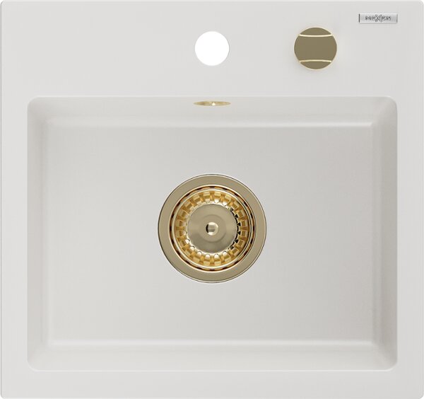 Mexen Milo granitový dřez 1-komorový 435 x 410 mm, bílý, zlatý sifon - 6505441000-20-G