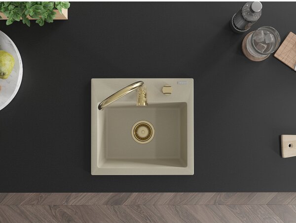Mexen Milo, granitový dřez 435x410x171 mm, 1-komorový, béžová se zlatým sifonem, 6505441000-69-G