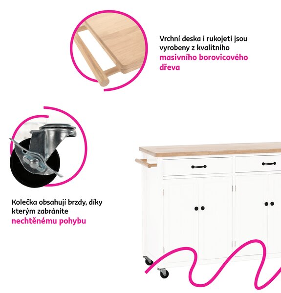 KONDELA Servírovací vozík, bílá/přírodní, GALANT