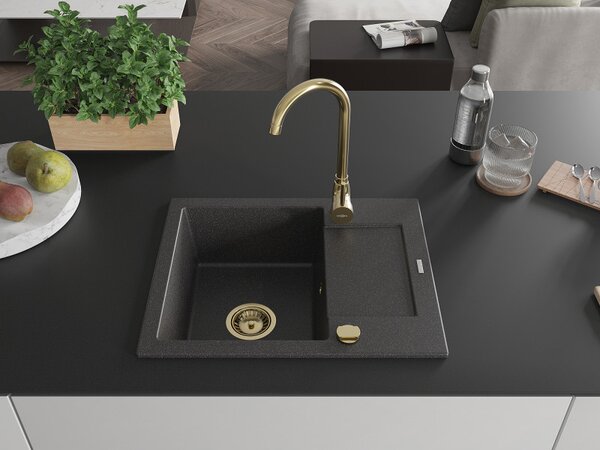 Mexen Enzo, granitový dřez 576x465x174 mm, 1-komorový, černá skvrnitá se zlatým sifonem, 6506571005-76-G