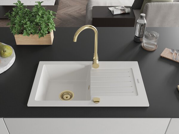 Mexen Pablo, granitový dřez 752x436x161 mm, 1-komorový, bílá se zlatým sifonem, 6510751010-20-G