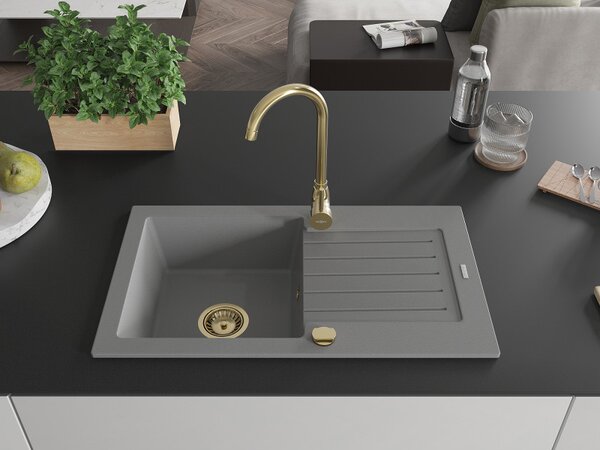 Mexen Pablo, granitový dřez 752x436x161 mm, 1-komorový, šedá se zlatým sifonem, 6510751010-71-G