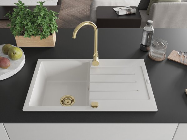 Mexen Bruno, granitový dřez 795x495x200 mm, 1-komorový, bílá se zlatým sifonem, 6513791010-20-G