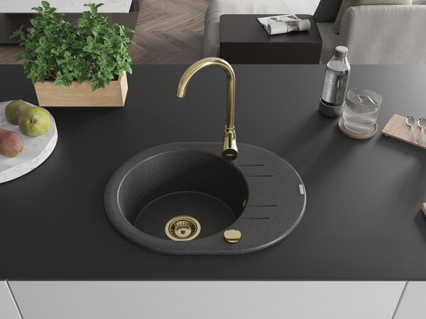 Mexen Kevin, granitový dřez 586x458x190 mm, 1-komorový, černá skvrnitá se zlatým sifonem, 6517581005-76-G