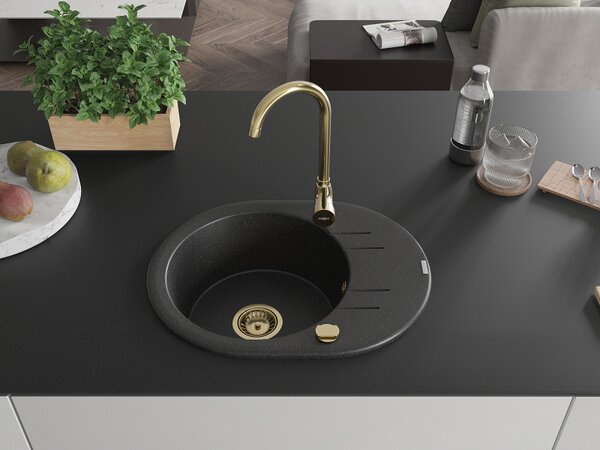 Mexen Kevin, granitový dřez 586x458x190 mm, 1-komorový, černá-stříbrná metalíza se zlatým sifonem, 6517581005-73-G