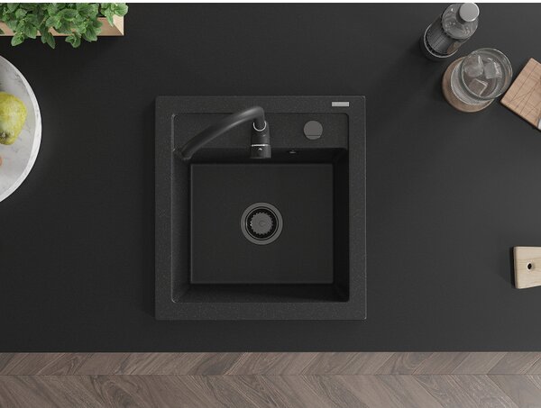 Mexen Vito, granitový dřez 520x490x210 mm, 1-komorový, černá-stříbrná metalíza s černým sifonem, 6503521000-73-B