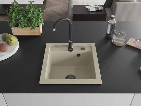 Mexen Vito, granitový dřez 520x490x210 mm, 1-komorový, béžová s černým sifonem, 6503521000-69-B