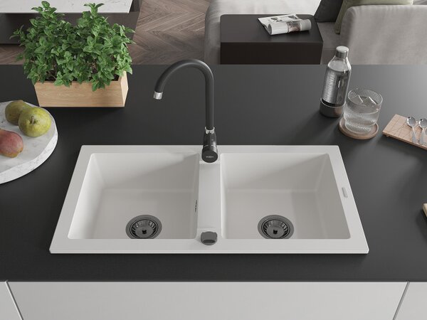 Mexen Mario, granitový dřez 820x436x161 mm, 2-komorový, bílá s černým sifonem, 6504822000-20-B