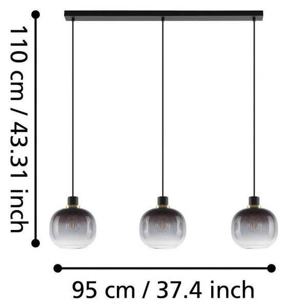 EGLO Závěsná lampa Oilella, černošedá, délka 95 cm, sklo, 3 světla., stmívatelný, Černá, Obývací pokoj / jídelna, Sklo
