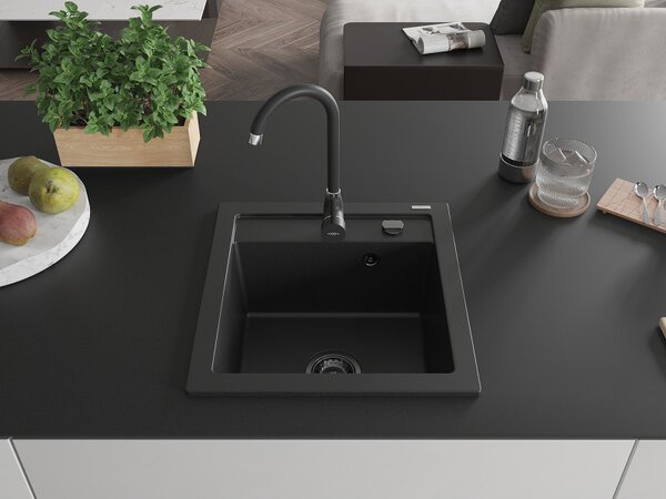 Mexen Vito, granitový dřez 520x490x210 mm, 1-komorový, černá s černým sifonem, 6503521000-77-B