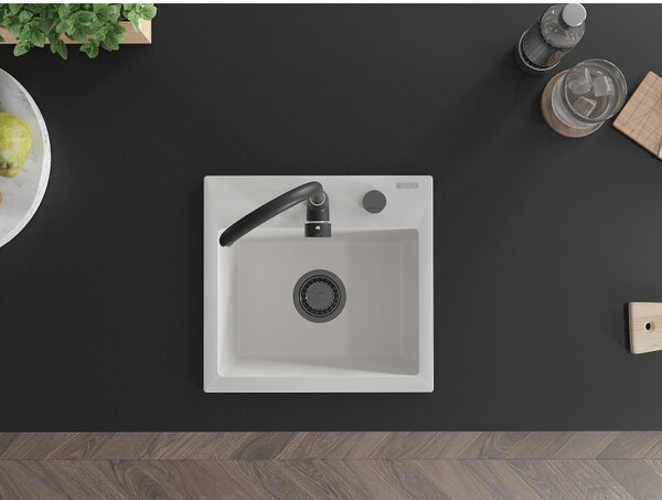 Mexen Milo, granitový dřez 435x410x171 mm, 1-komorový, bílá s černým sifonem, 6505441000-20-B