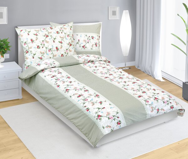 Bellatex Povlečení bavlněné Růže, kostička zelená, růžová, hnědá rozměr 140x200, 70x90 cm