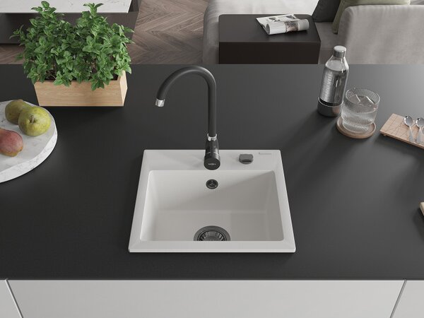 Mexen Milo, granitový dřez 435x410x171 mm, 1-komorový, bílá s černým sifonem, 6505441000-20-B