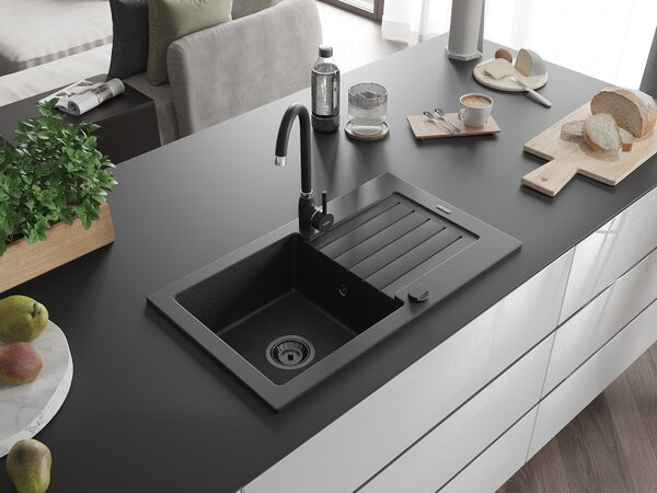 Mexen Pablo, granitový dřez 752x436x161 mm, 1-komorový, černá-stříbrná metalíza s černým sifonem, 6510751010-73-B