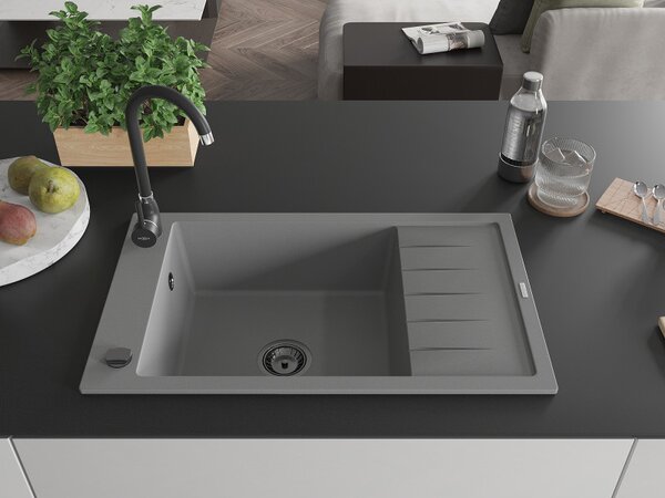 Mexen Elias, granitový dřez granitový 795x480x200 mm, 1-komorový, šedá s černým sifonem, 6511791005-71-B