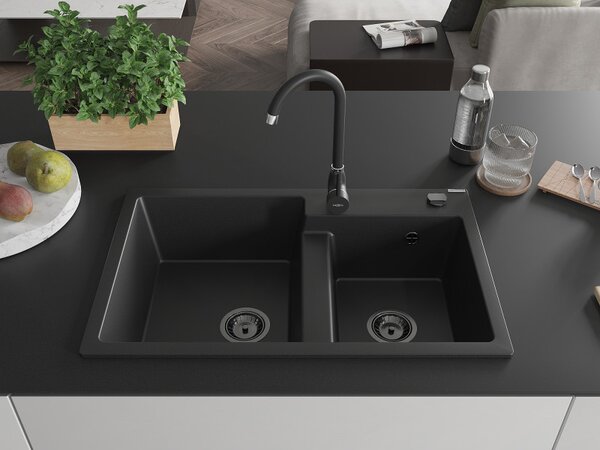Mexen Tomas, granitový dřez 800x500x190 mm, 2-komorový, černá s černým sifonem, 6516802000-77-B