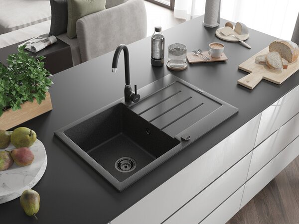 Mexen Bruno, granitový dřez 795x495x200 mm, 1-komorový, černá skvrnitá s černým sifonem, 6513791010-76-B