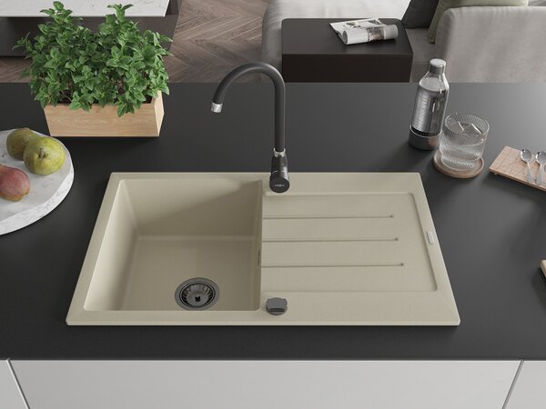 Mexen Bruno, granitový dřez 795x495x200 mm, 1-komorový, béžová s černým sifonem, 6513791010-69-B