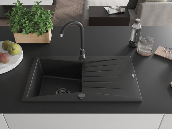 Mexen Cesar, granitový dřez 775x470x190 mm, 1-komorový, černá s černým sifonem, 6514771010-77-B