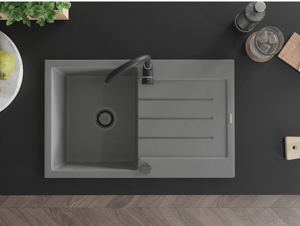 Mexen Bruno, granitový dřez 795x495x200 mm, 1-komorový, šedá s černým sifonem, 6513791010-71-B