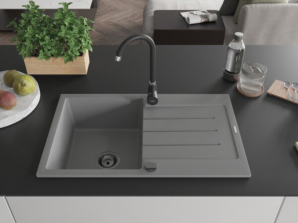 Mexen Bruno, granitový dřez 795x495x200 mm, 1-komorový, šedá s černým sifonem, 6513791010-71-B