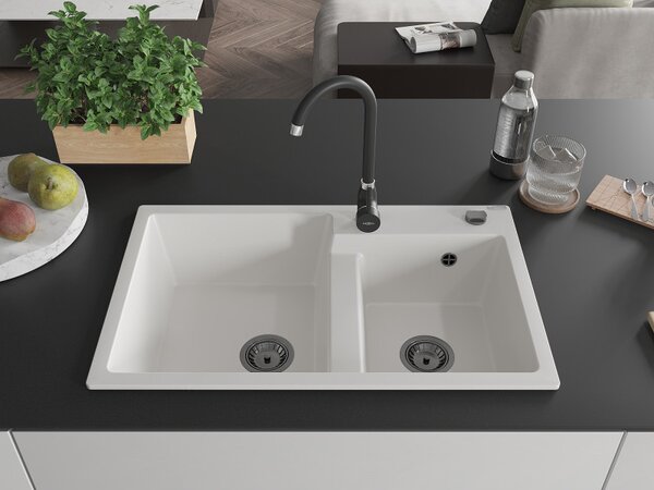 Mexen Tomas, granitový dřez 800x500x190 mm, 2-komorový, bílá s černým sifonem, 6516802000-20-B