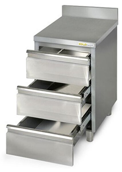 Nízká skříňka z nerezové oceli, rozměry 500 x 600 mm, bez zadní stěny, s 3 zásuvkami, řada PREMIUM - GOLDINOX
