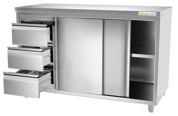 Nízká skříňka z nerezové oceli, rozměry 1600 x 600 mm, se 3 zásuvkami na levé straně, PREMIUM - GOLDINOX