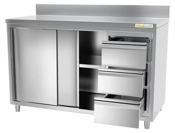 Nízká nerezová skříňka rozměrů 1400 x 700 mm, bez zadní stěny, s 3 zásuvkami na pravé straně, PREMIUM - GOLDINOX